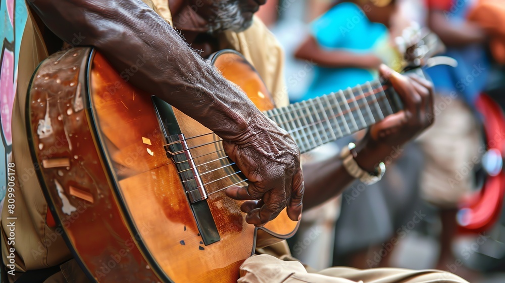 An old man is playing the guitar. He has a lot of wrinkles on his hands. The guitar is old and has a lot of scratches. The background is blurry.