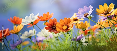 Colorful flowers in a garden with a green background and copy space image © HN Works