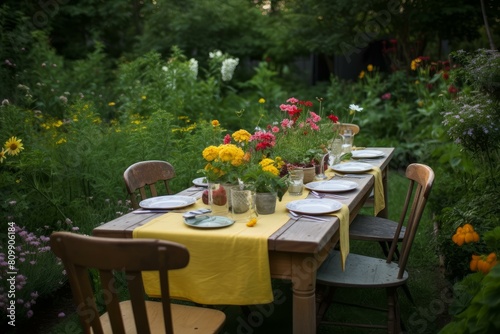 An inviting outdoor dinner table is set among blooming flowers and lush greenery