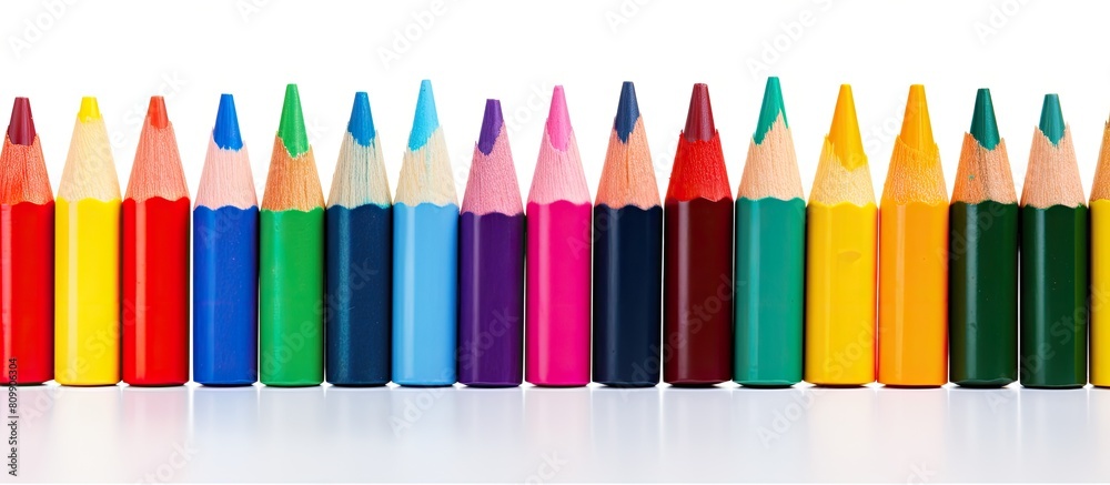 Fototapeta premium A vibrant array of wax crayons arranged on a white background seen from a captivating perspective with ample space for copying Each crayon is labeled with its respective color name