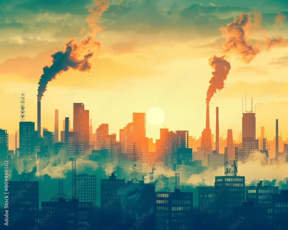 Industrial skyline with visible CO2 emissions, illustrating the human contribution to global warming