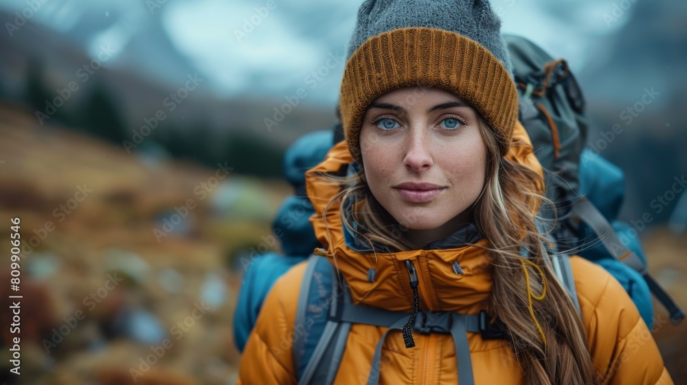 Woman wearing hiking attire in the rugged terrain of the Swiss Alps