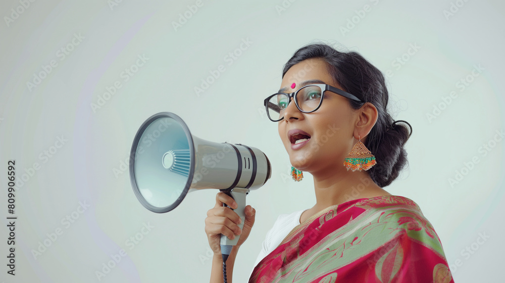 Obraz premium Indian woman in a sari holding a megaphone announces what she wants to say. 