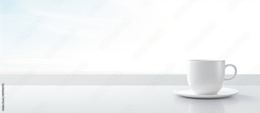 Fototapeta premium A clean and simple copy space image featuring a white coffee cup set against a pristine white background