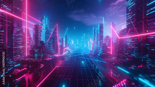 A neon-lit abstract landscape evoking a cyberpunk aesthetic, featuring glowing geometric shapes, captured with an 8k camera, ratio