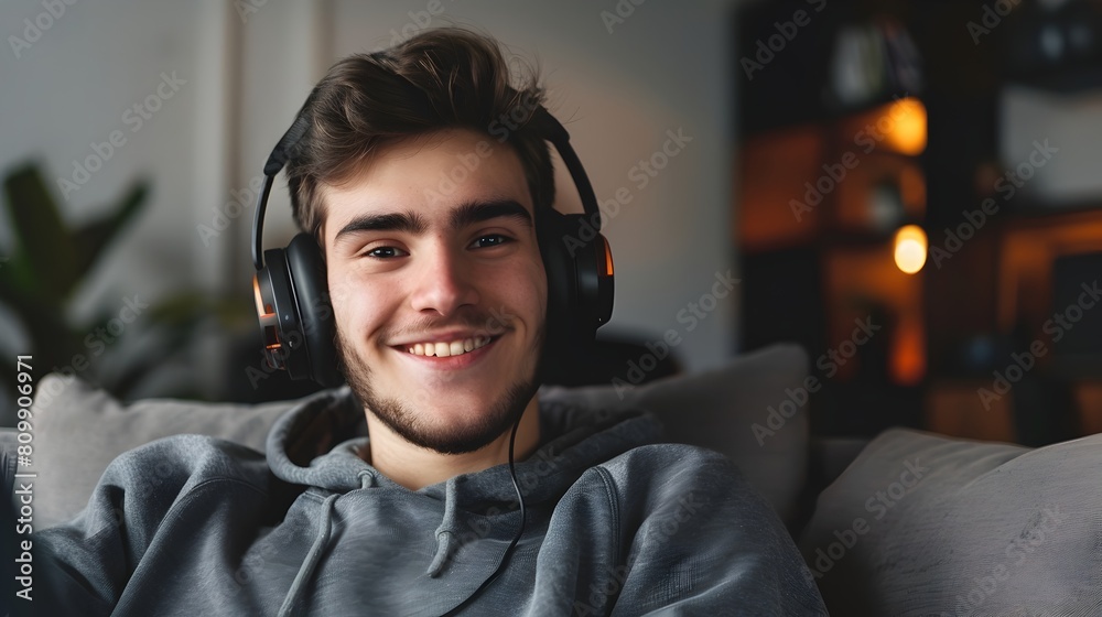 Cheerful Young Man Enjoying Relaxing Moment with Headphones at Home Cheerful Young Man Enjoying Relaxing Moment with Headphones at Home