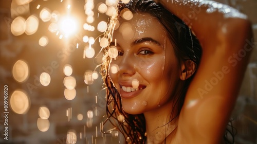 Smiling woman washes her hair in the shower, looking away. She enjoys a luxurious spa experience, rinsing her hair in the water.