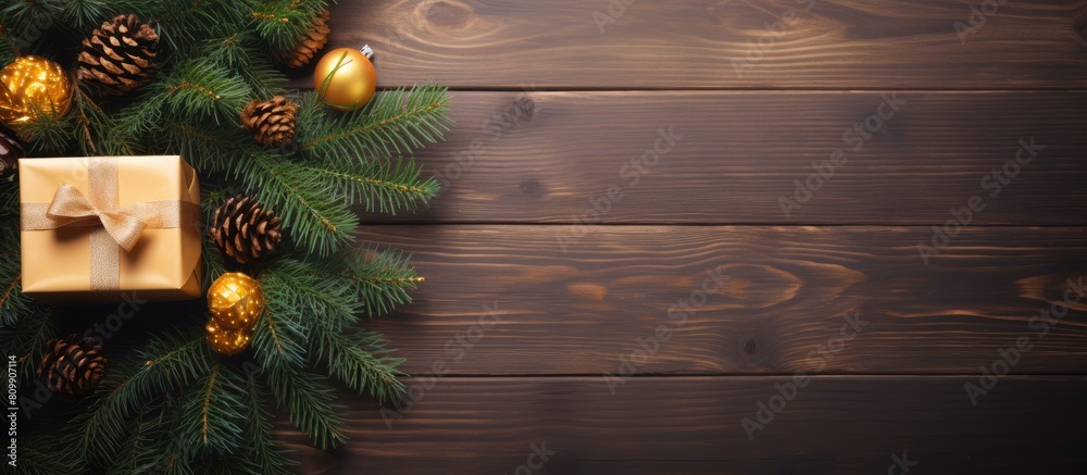 Copy space image of Christmas gift boxes and a fir tree branch displayed on a wooden table in a flat lay style creating a festive Christmas background