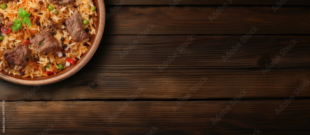 A top view image with copy space featuring national Uzbek pilaf with meat cooked in a cast iron skillet placed on a wooden table against a background image A top view image with copy space featuring national Uzbek pilaf with meat cooked in a cast iron skillet placed on a wooden table against a background image