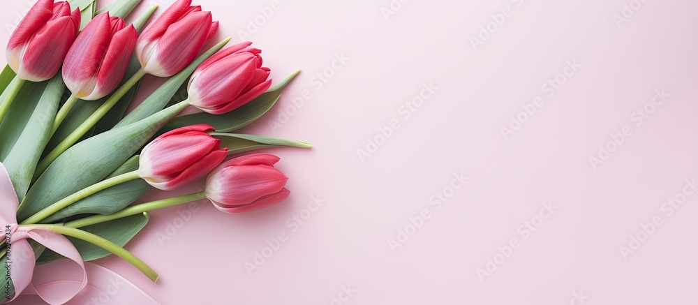 A top view image of a red tulip bouquet on a pastel background representing celebrations like Mother s Day Valentine s Day and birthdays Greeting card with copy space available