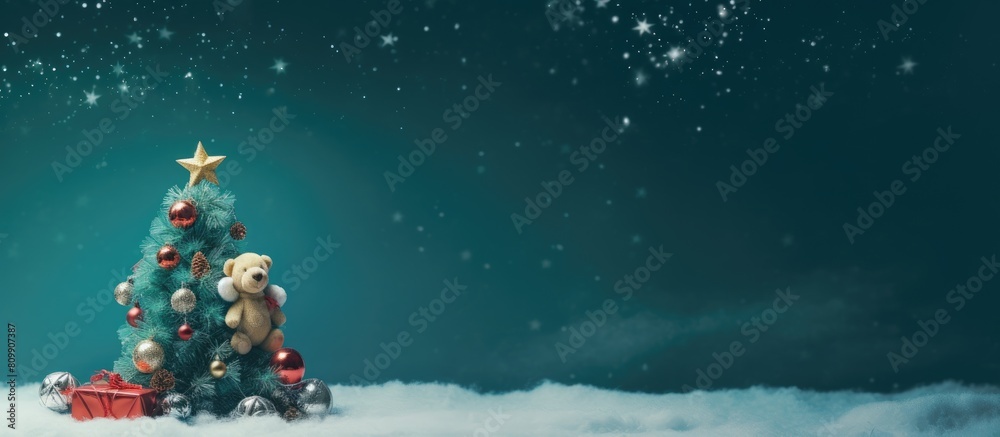 A Christmas themed background featuring a toy designed as a Christmas tree with a space available for copying or adding images. Creative banner. Copyspace image