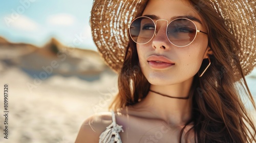 Stunning photo of a fashionable young woman at the beach, accessorized with a hat and sunglasses. Embodying  © Nijat