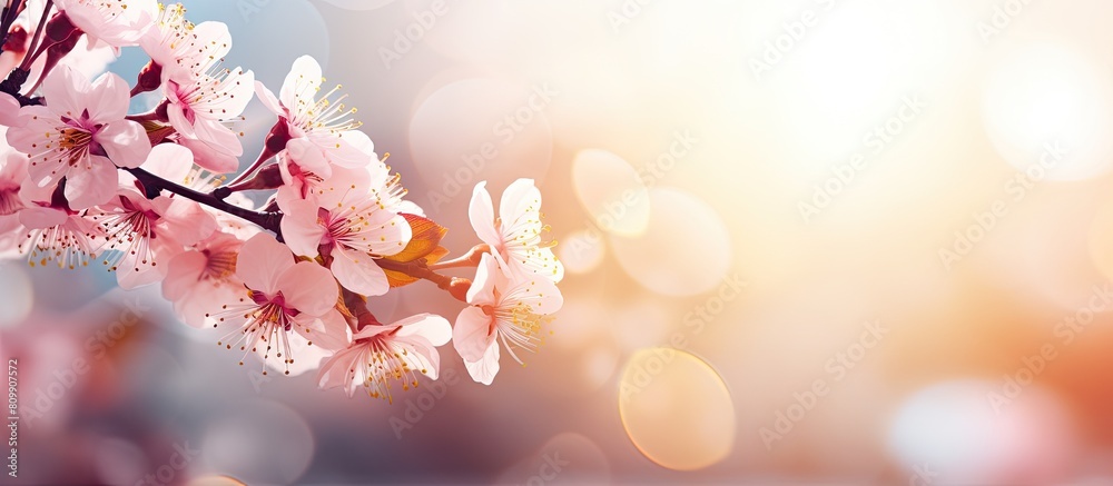Retro style abstract blurred background featuring a blooming tree with spring cherry blossom and a sun flare creating a beautiful nature scene Copy space image
