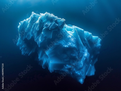 Underwater view of an iceberg showing the vast unseen portion melting rapidly, a metaphor for unseen global warming effects photo