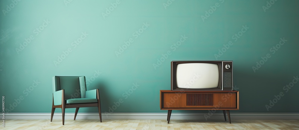 In the room there is a television placed on a white table providing a copy space image In the room there is a television placed on a white table providing a copy space image