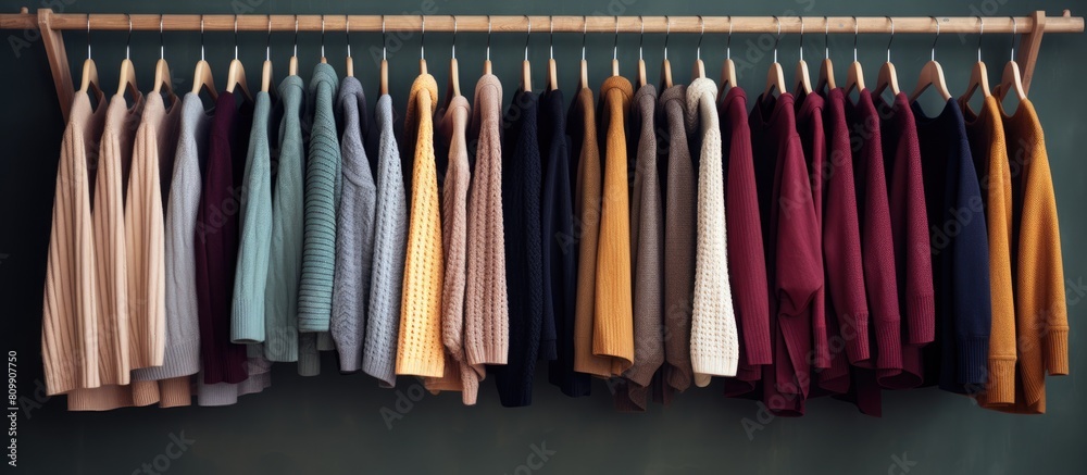 Copy space image of cozy sweaters displayed on wooden rack