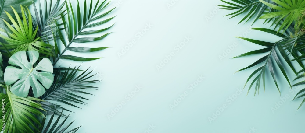 The top view of a tropical frame with green palm trees monstera leaves and branches on a neo mint background The image provides abstract copy space