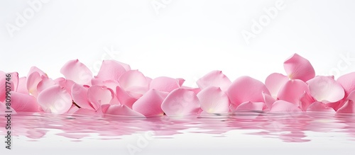 Image of pink rose petals gracefully floating in the air against a pristine white backdrop with ample copy space © HN Works