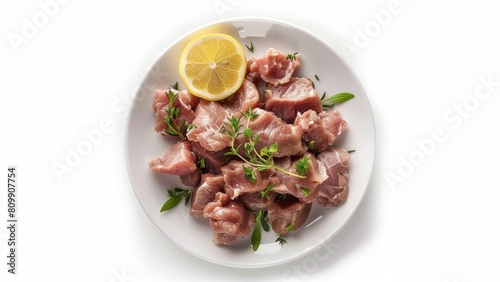 Create an image of a cat dish that consists of juicy rabbit, turkey and goose meat, gently cooked and minced. The visualization should focus on the appetizing appearance of the meat 