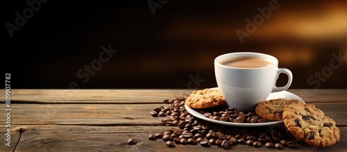 A warm beverage rests on a wooden kitchen table accompanied by roasted coffee beans and oatmeal cookies There is ample copy space for your text