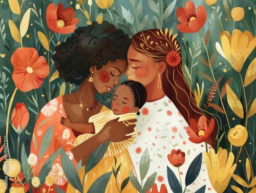 painting of two mothers with their child in a field of flowers.