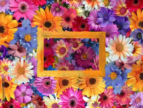 frame made of wood with a golden border is placed on a background of a variety of flowers of different colors.