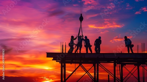 Construction Crew Raising Beam Against Vibrant Sunset Sky for Advertising and Photography
