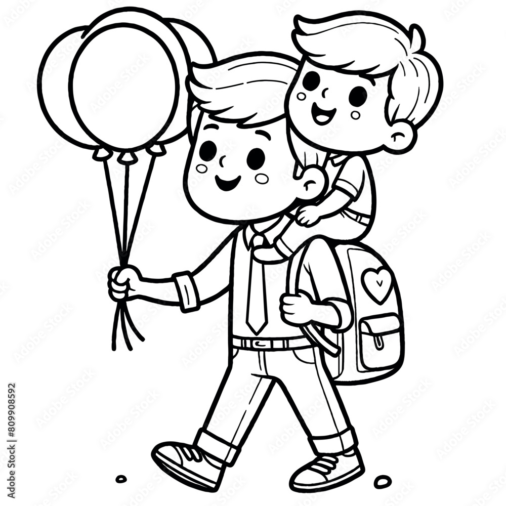 A father carrying a child on his shoulders, holding balloons. Fathers day coloring page A father carrying a child on his shoulders, holding balloons. Fathers day coloring page