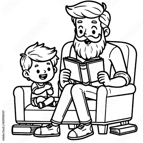 illustration of a father and son reading a book. | Fathers day Coloring Page