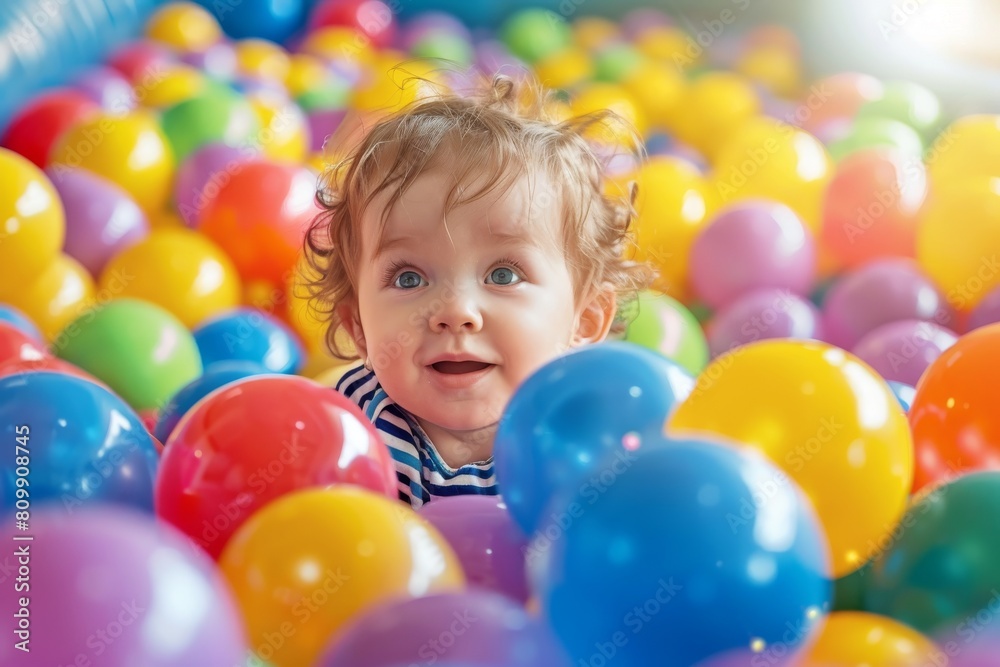Obraz premium Balls pool, child playing in ball pit, colorful toys for kids in kindergarten or preschool play room