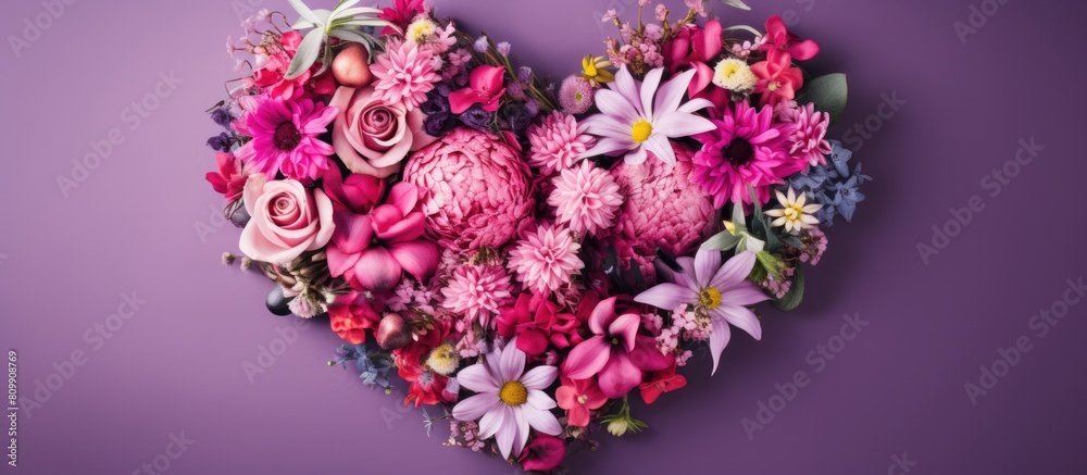 Top view of a heart shaped decoration adorned with fresh spring flowers providing ample copy space Top view of a heart shaped decoration adorned with fresh spring flowers providing ample copy space