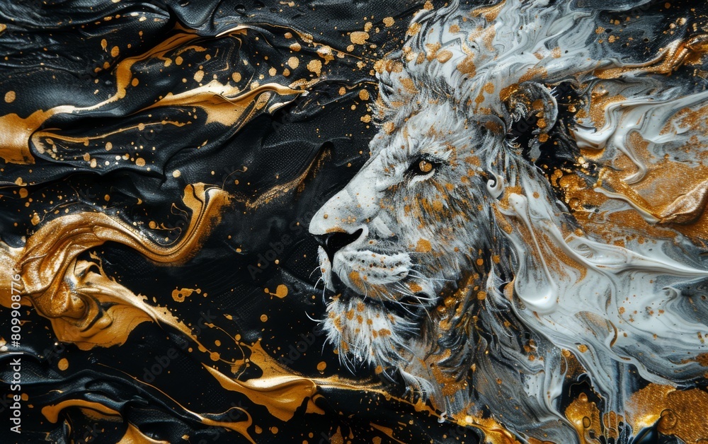 Golden lion head, portrait of a lion painted with oil paints on black canvas, for home design Golden lion head, portrait of a lion painted with oil paints on black canvas, for home design