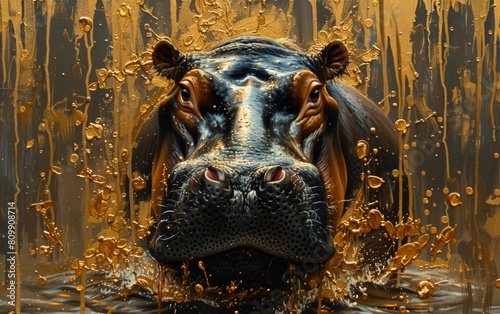 A black canvas painted with a African hippopotamus in gold and white paints, close up