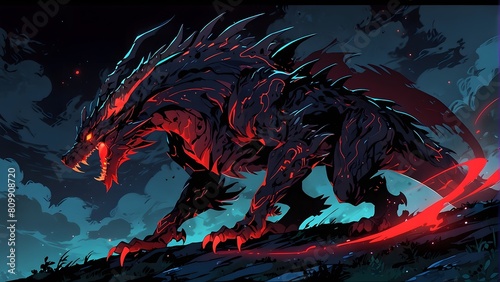 Illustration of a terrifying dragon-like creature, dark magic and mythical beasts, glowing red markings, cinemtic look
