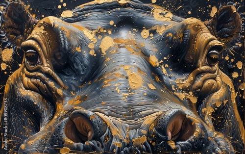 A black canvas painted with a African hippopotamus in gold and white paints, close up