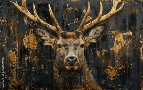 A black canvas painted with a deer with antlers in gold and white paints, close up