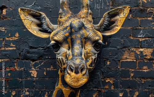 A black canvas painted with a giraffe close up in gold and white paints