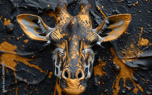 A black canvas painted with a giraffe close up in gold and white paints