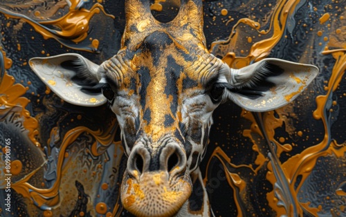 A black canvas painted with a giraffe close up in gold and white paints