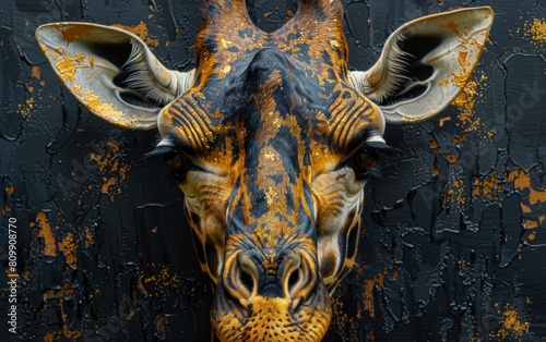 A black canvas painted with a giraffe close up in gold and white paints