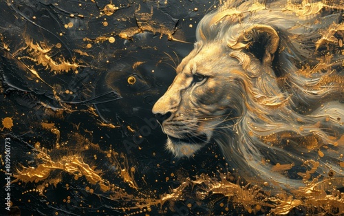 portrait of a lion painted with oil paints on black canvas, for home design