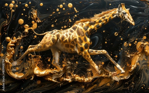 Giraffe runs. painted with gold oil paints on a black background. home decor
