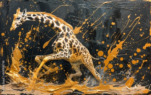 Giraffe runs. painted with gold oil paints on a black background. home decor