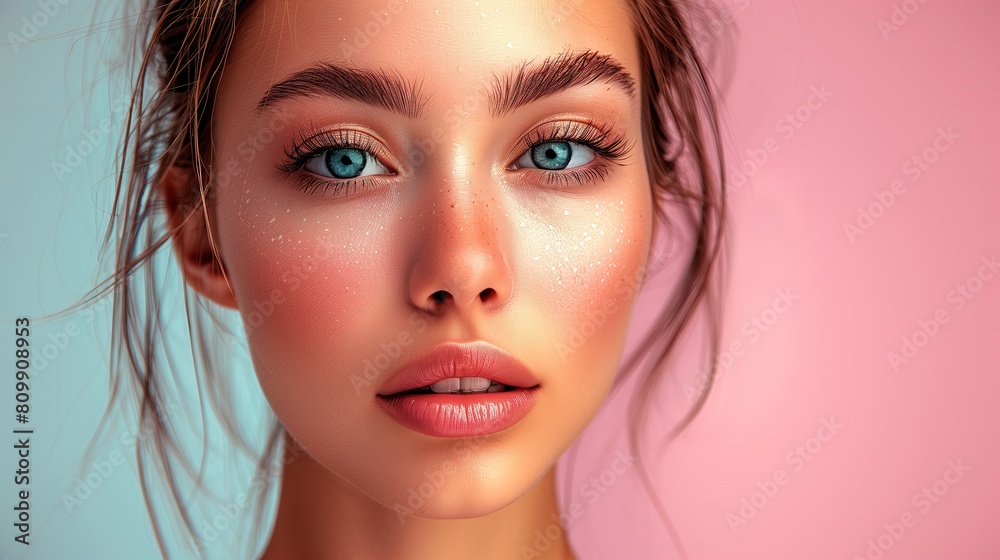 Young woman against a dual-tone background, her mesmerizing blue eyes and sparkling makeup creating a vibrant, dream-like atmosphere