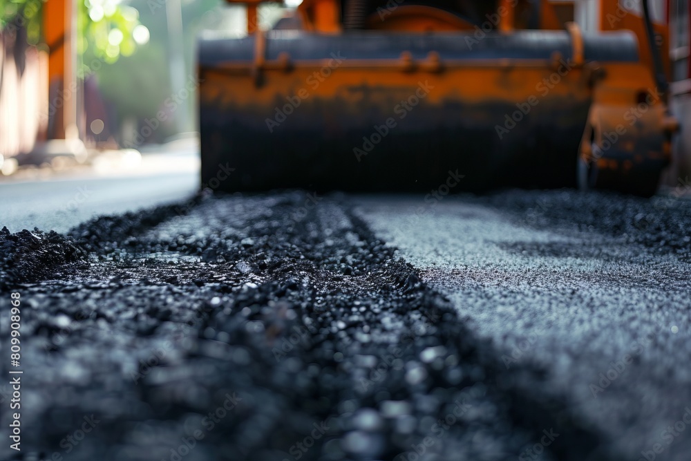 Laying fresh asphalt, road work with asphalt finisher , asphalt paver rolls asphalt
