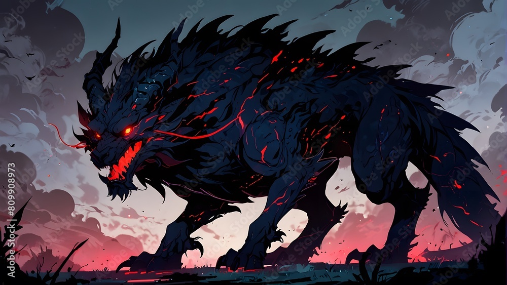 Illustration of a terrifying dragon-like creature, dark magic and mythical beasts, glowing red markings, cinemtic look Illustration of a terrifying dragon-like creature, dark magic and mythical beasts, glowing red markings, cinemtic look