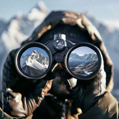 Man looking through binoculars, naturalist, spy, wildlife observation outdoors on sunny day