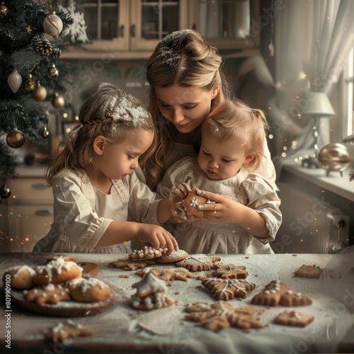 Family cooking Christmas dessert together, mother with children making Christmas cookies in kitchen