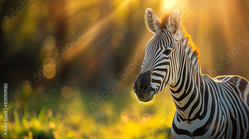 Zebra grazing on lush green grassland with its herd under golden midday sunlight.