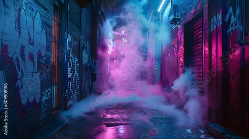 A neon-lit cyberpunk alley with steam rising and graffiti on the walls, shot in 8K #809909196